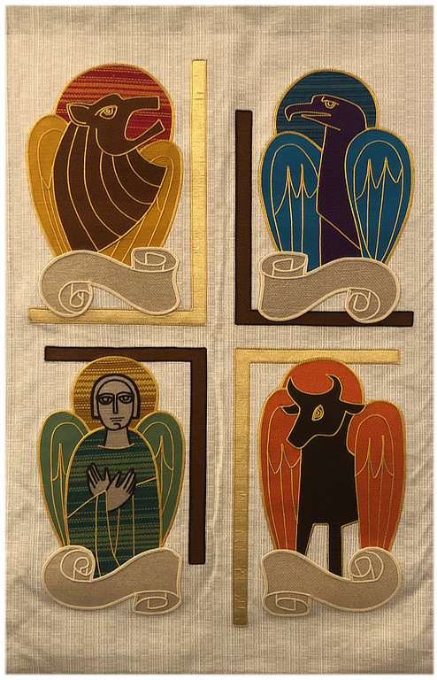 Sanctuary Banner showing a lion, an eagle, a man, and a bull