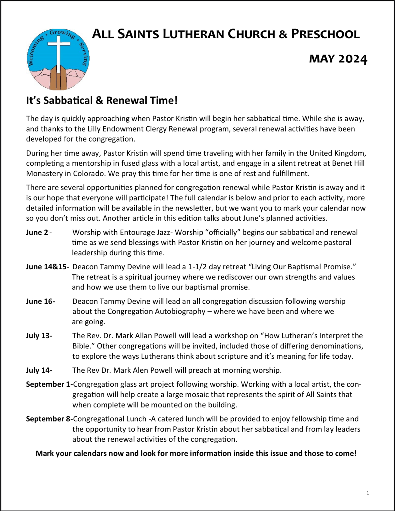 Newsletter All Saints Lutheran Church, ELCA